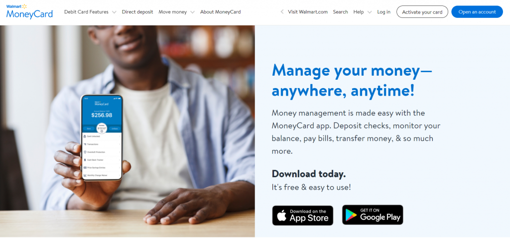 Screenshot of the website to download Walmart MoneyCard 